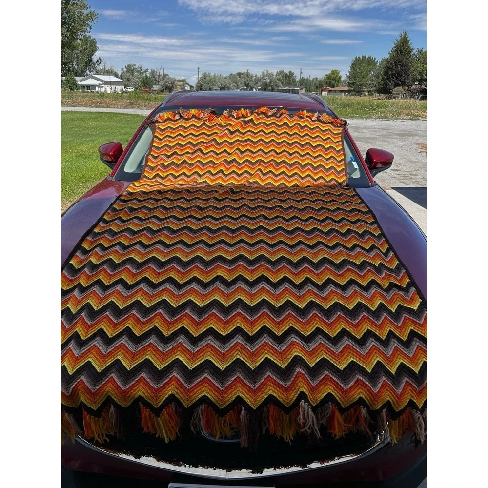 Vintage Crochet Chevron Afghan Throw 48x96 Brown Orange Gold Fringe